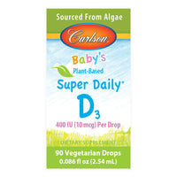Thumbnail for Carlson - Baby's Plant-Based Super Daily D3, Baby Vegetarian Liquid Vitamin D Drops, 400 IU (10 mcg) per Drop, Sourced from Algae, for Infants and Toddlers, Unflavored, 90 Drops (2.54 mL)