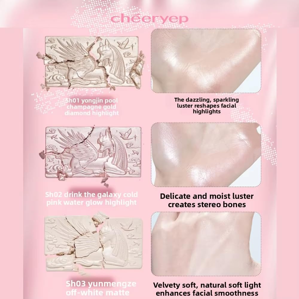 Chéeryep Qianyan Highlighter Pressed Powder Palette, Shimmer Bronzer and Contour, Long Lasting Brightening Finish (SH02 Pink Highlight, 5.5g)