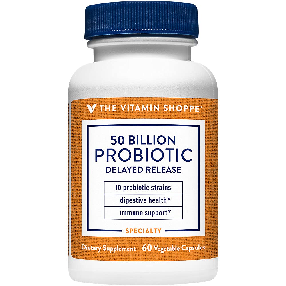 The Vitamin Shoppe Probiotic Delayed Release 50 Billion - with 10 Probiotic Strains to Support Digestive, Immune & Vaginal Health or Yeast Imbalance - Shelf Stable (60 Veggie Caps)