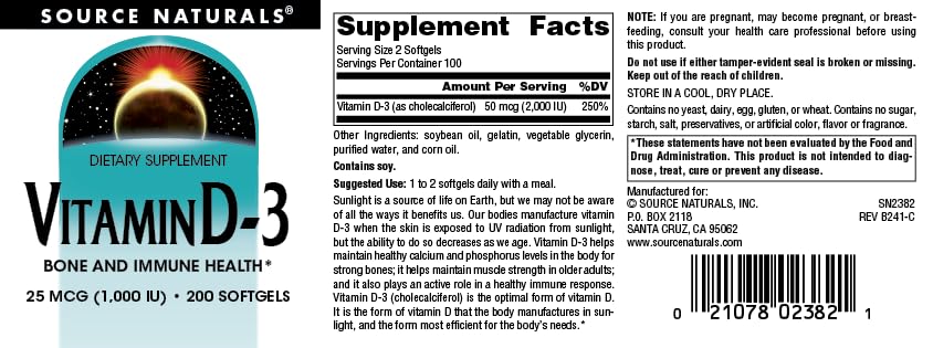 Source Naturals Vitamin D-3 1000 iu Supports Bone & Immune Health* - 200 Softgels