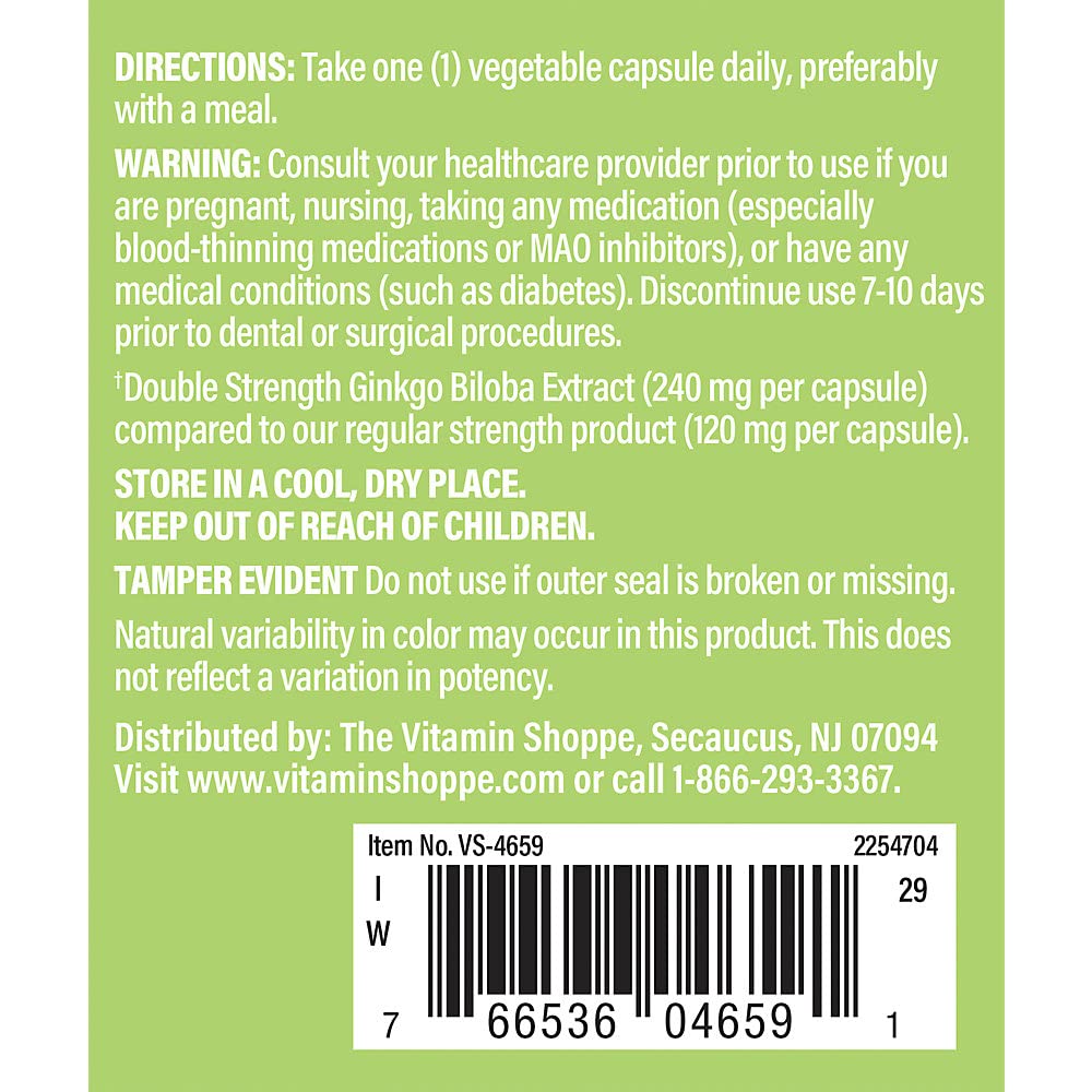 The Vitamin Shoppe Ginkgo Biloba 240 MG - Memory Support, Mental Clarity & Circulation, Standardized Extract (120 Vegetable Capsules)