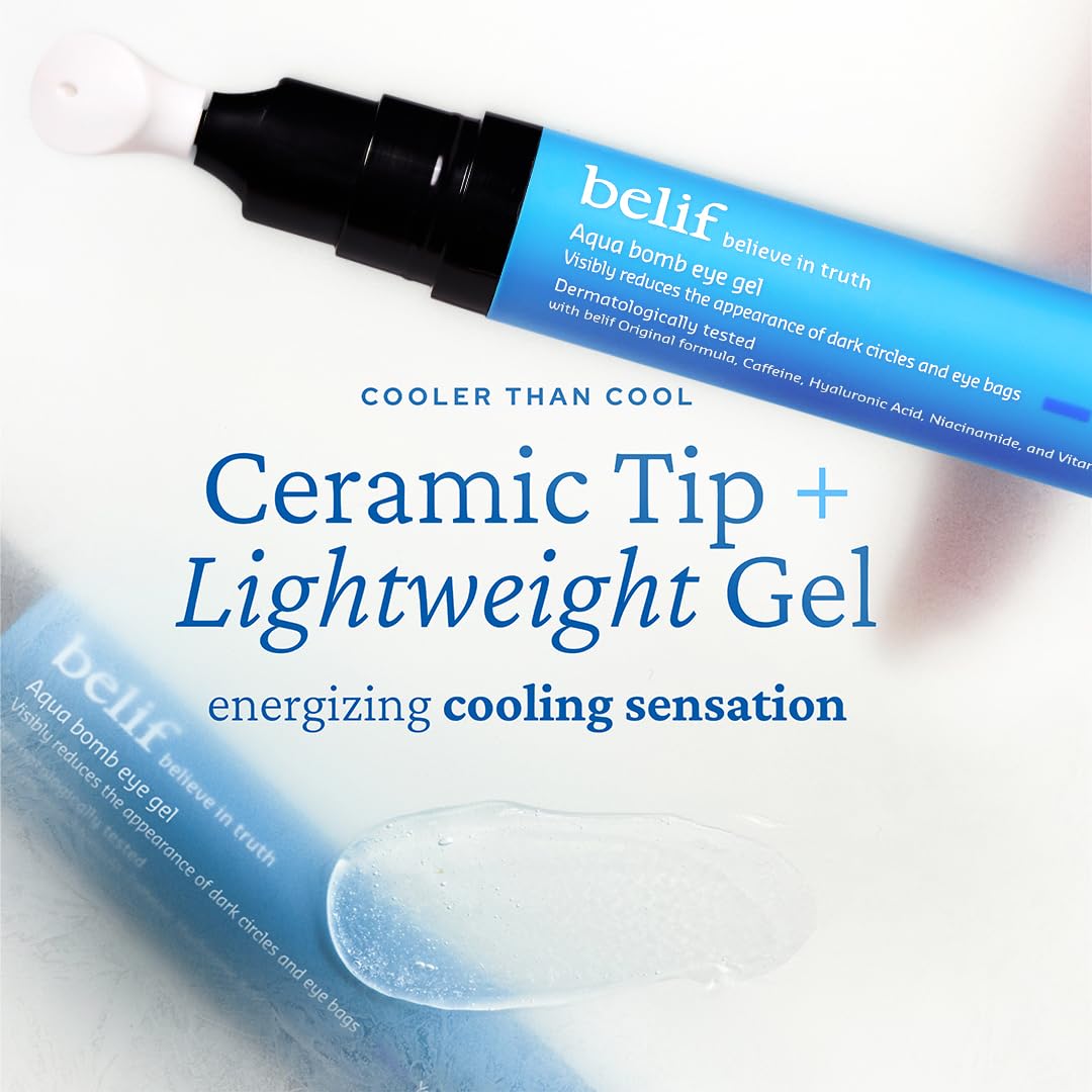belif Aqua Bomb Cooling Eye Gel - Caffeine & Hyaluronic Acid for Puffiness & Hydration, Niacinamide & Vitamin C for Dark Circles, Adenosine & Collagen for Plumping, Korean Skin Care