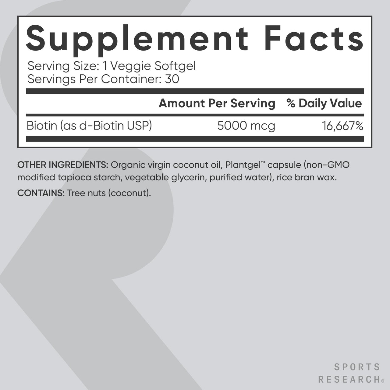 Sports Research® Biotin 5,000mcg with Organic Coconut Oil - Biotin (Vitamin B7) for Healthy Skin and Hair Support* - for Women and Men - Vegan, Non-GMO, Gluten & Soy-Free - 30 Veggie Softgels