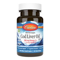 Thumbnail for Carlson - Cod Liver Oil Minis, 280 mg Omega-3s + Vitamins A & D3, Heart Support & Cognitive Function, Vision Health, 100 Mini Softgels