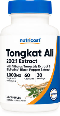Thumbnail for Nutricost Tongkat Ali 1,000mg 60 Capsules - with Tribulus Terrestris and BioPerine, Vegetarian Caps, Non-GMO, Gluten Free, Potent Extract