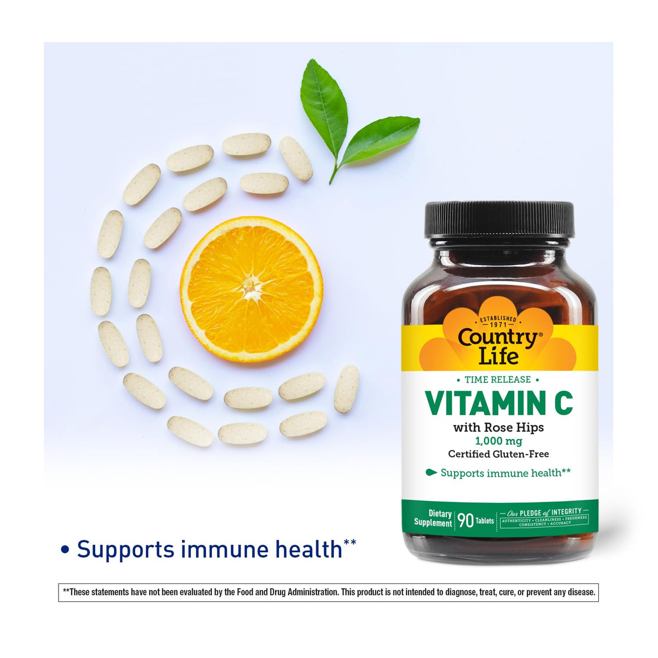 Country Life Vitamin C 1000mg with Rose Hips – Time Release Immune Support Supplement – Antioxidant Protection – Vegan, Gluten-Free, Preservative-Free – 90 Tablets