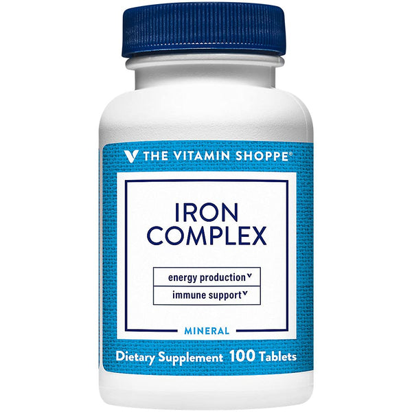 The Vitamin Shoppe Iron Complex - Better Absorption Energy Support | with Vitamin C Folic Acid | 100 Tablets | Gentle