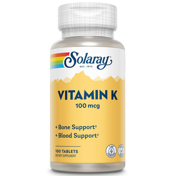SOLARAY Vitamin K1 Supplement for Men & Women - Vitamin K 1 100 mcg for Bone Health & Blood Support, VIT K Daily Dietary Supplement, Vegan - 100 Tablet Ct