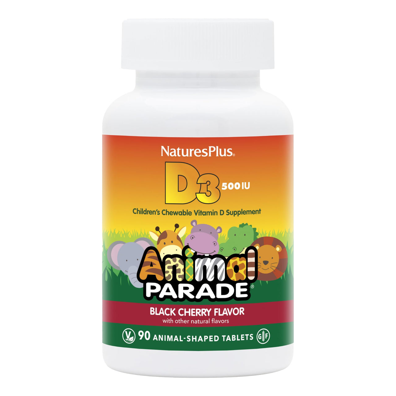 NaturesPlus Animal Parade Vitamin D3 Children’s Chewables - Black Cherry Flavor - 90 Animal-Shaped Tablets, Pack of 2 - Gluten Free, Vegetarian, Hypoallergenic - 180 Total Servings