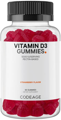 Thumbnail for Codeage Vitamin D3 Gummy Vitamins, Vitamin D3 5000 IU Gummies Cholecalciferol 125 mcg - 2-Month Supply - Soft Pectin-Based, Animal Gelatin-Free Vitamins Gummy, Strawberry, Gluten-Free - 60 Gummies