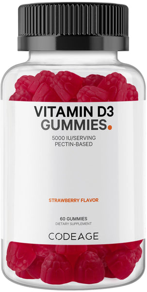 Codeage Vitamin D3 Gummy Vitamins, Vitamin D3 5000 IU Gummies Cholecalciferol 125 mcg - 2-Month Supply - Soft Pectin-Based, Animal Gelatin-Free Vitamins Gummy, Strawberry, Gluten-Free - 60 Gummies