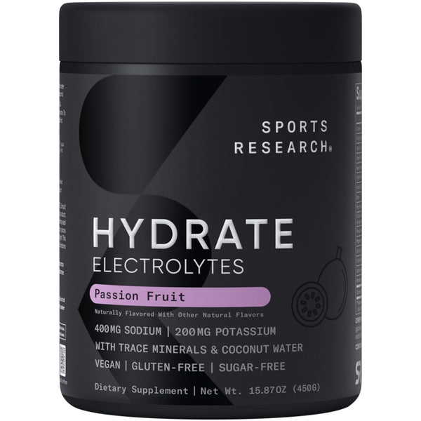 Sports Research Hydrate Electrolytes Powder - Sugar-Free & Naturally Flavored with Vitamins, Minerals, and Coconut Water - Supports Hydration - Passion Fruit & Cherry Pomegranate