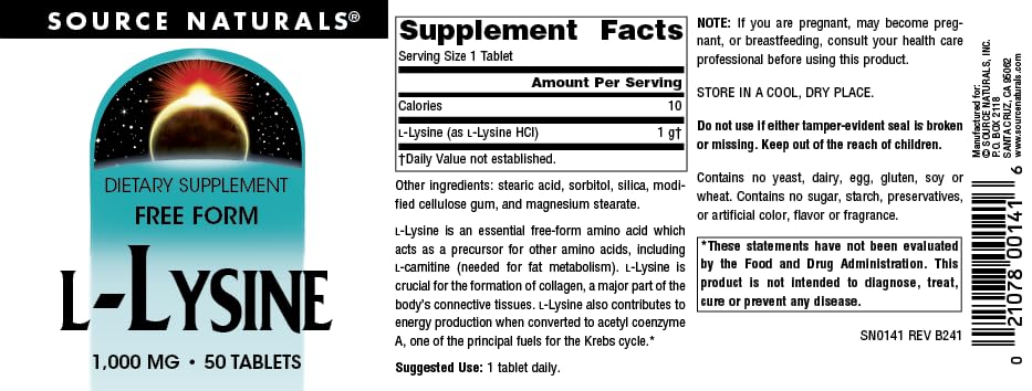 Source Naturals L-Lysine Free Form, 1,000 mg - Amino Acid Supplement Supports Energy & Formation of Collagen* - 50 Tablets