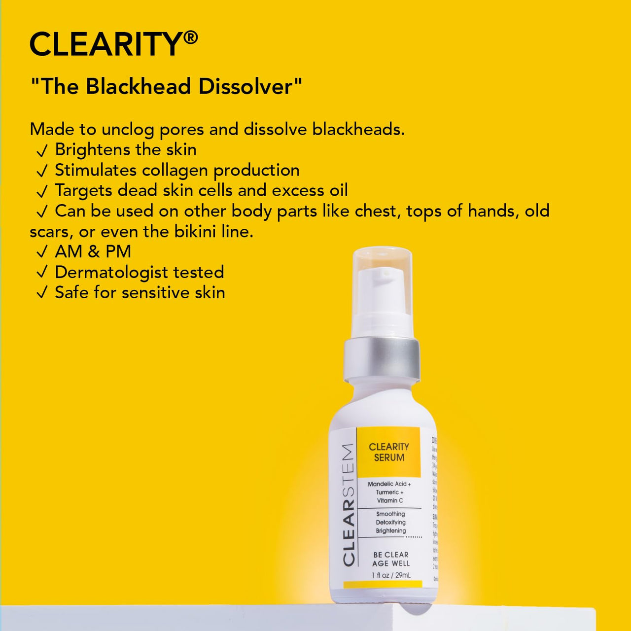 CLEARSTEM - CLEARITY The Blackhead Dissolver Mandelic Acid Serum - Vitamin C, Turmeric, Collagen Boost - All Skin Types - Facial Skin Care Products - Vegan, Gluten Free, Cruelty Free - 1 fl oz / 29ml