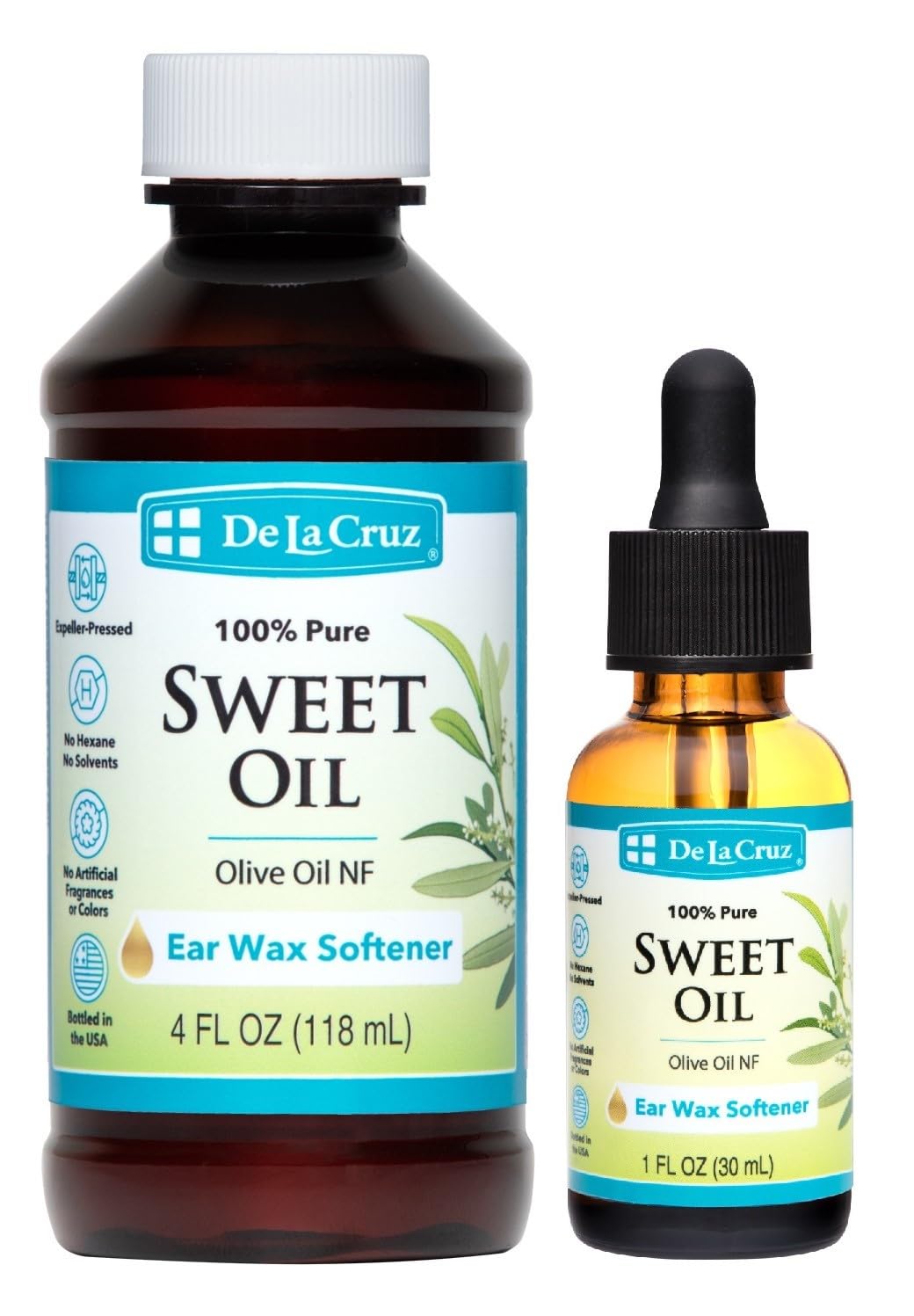 De La Cruz 100% Pure Sweet Oil for Ears - All Natural Ear Wax Removal - 1 Fl Oz Dropper and 4 Fl Oz Refill Bundle