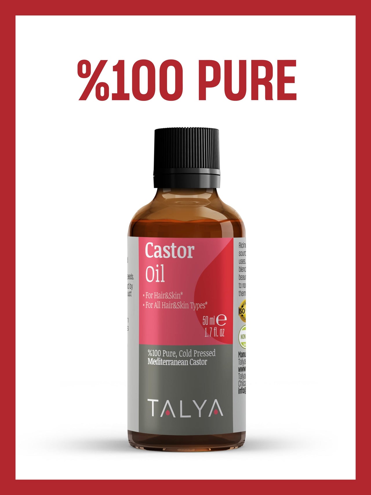 TALYA Castor Oil 1.7 oz (50 ml) - Cold Pressed - Boost Hair Growth - Growth for Eyelashes, Eyebrows - Moisturizing Massage Oil for Aromatherapy - Vegetarian, Non-GMO, Gluten Free