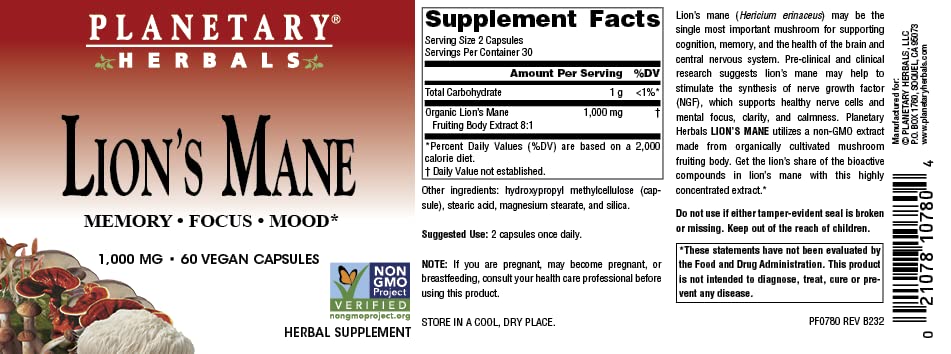 Planetary Herbals Lion's Mane, for Memory, Focus, and Mood*, 1,000 mg - 60 Vegan Capsules
