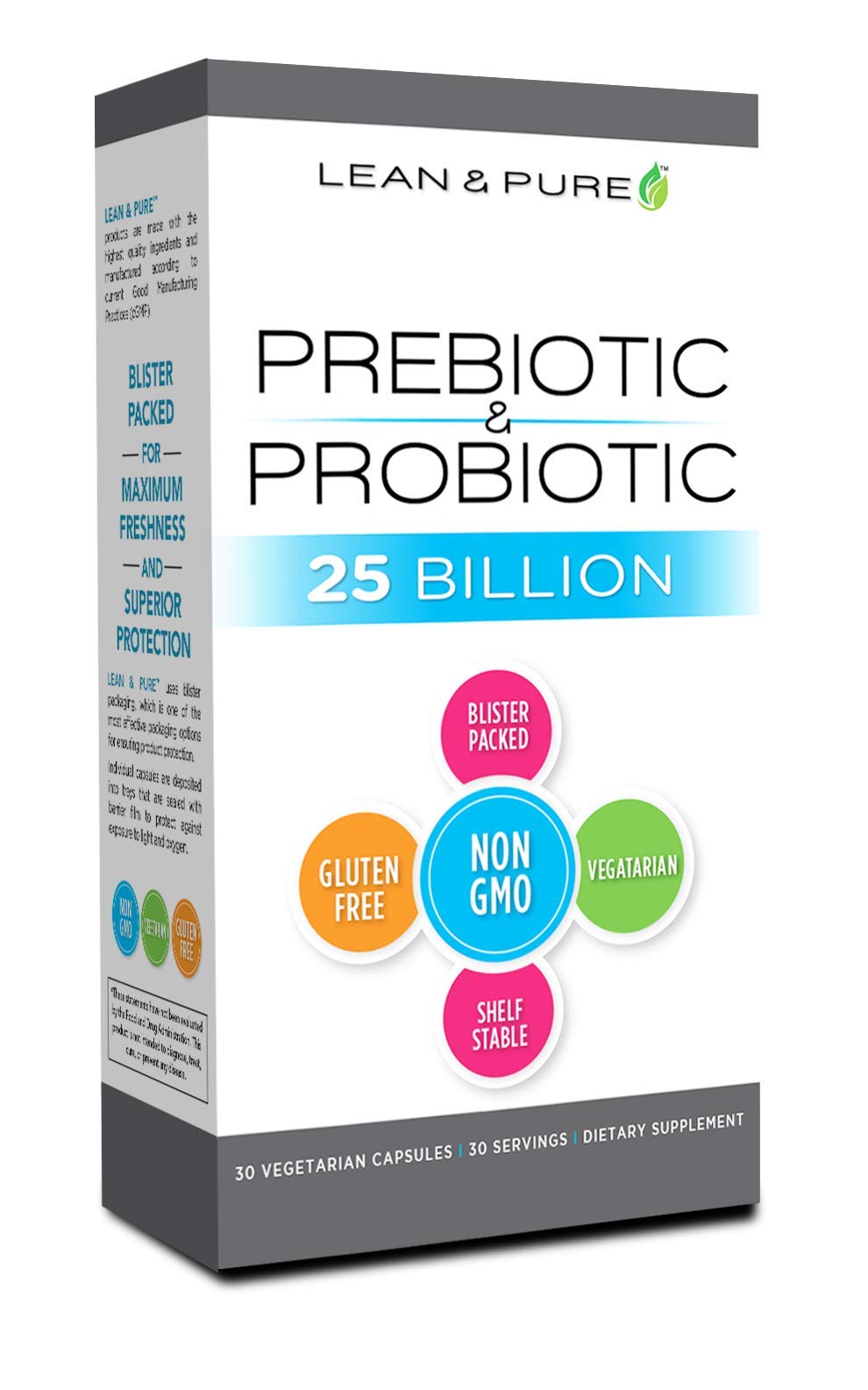 Lean & Pure Prebiotic & Probiotic, 25 Billion Live and Shelf Stable Cultures, 30 Count, Non GMO, Vegetarian, Gluten Free