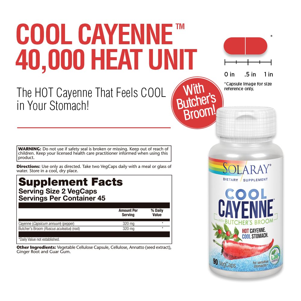 SOLARAY Cool Cayenne Pepper 40,000 HU with Butchers Broom for Healthy Circulation Support | 90 VegCaps
