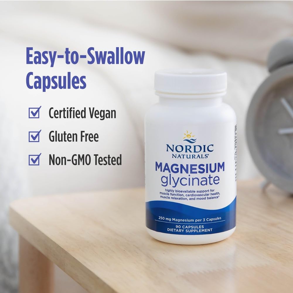 Nordic Naturals Vegetarian Magnesium Glycinate Capsules, Unflavored, 90 Count - 250mg Magnesium per Serving - Highly Bioavailable Support for Muscle & Cardiovascular Function - Non-GMO - 30 Servings