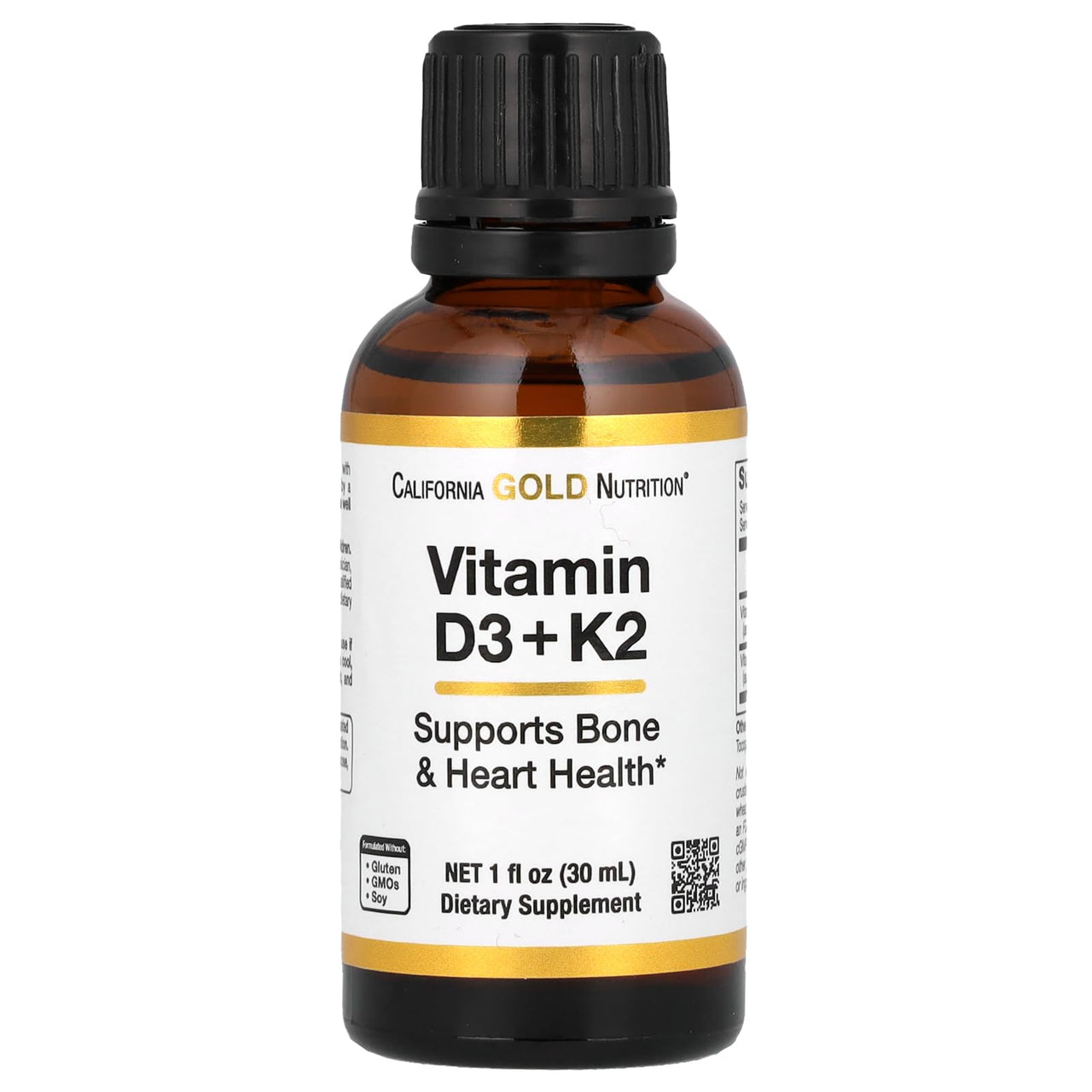 Vitamin D3 + K2 Supplement by California Gold Nutrition, Support for Bone and Heart Health, Gluten Free, Non-GMO, 1000 IU, 1 fl oz (30 ml), California Gold Nutrition