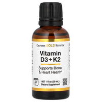 Thumbnail for Vitamin D3 + K2 Supplement by California Gold Nutrition, Support for Bone and Heart Health, Gluten Free, Non-GMO, 1000 IU, 1 fl oz (30 ml), California Gold Nutrition