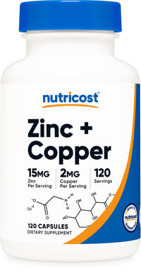Thumbnail for Nutricost Zinc + Copper Capsules (120 Servings)(15MG Zinc + 2MG Copper Per Serving) - Non GMO, Vegetarian
