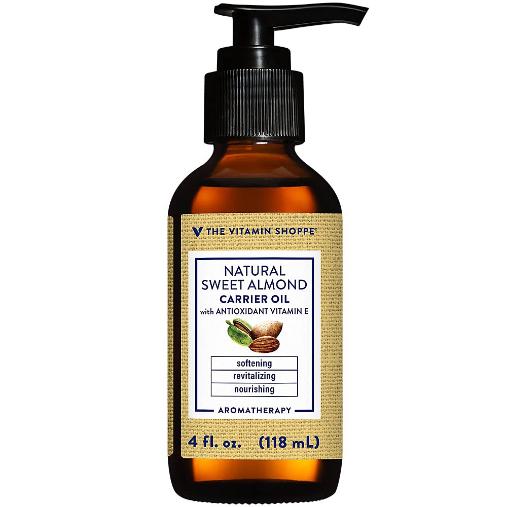 The Vitamin Shoppe Sweet Almond Carrier Oil with Vitamin E - Natural Skin Moisturizer | Aromatherapy Massage | 4 oz | Light Texture