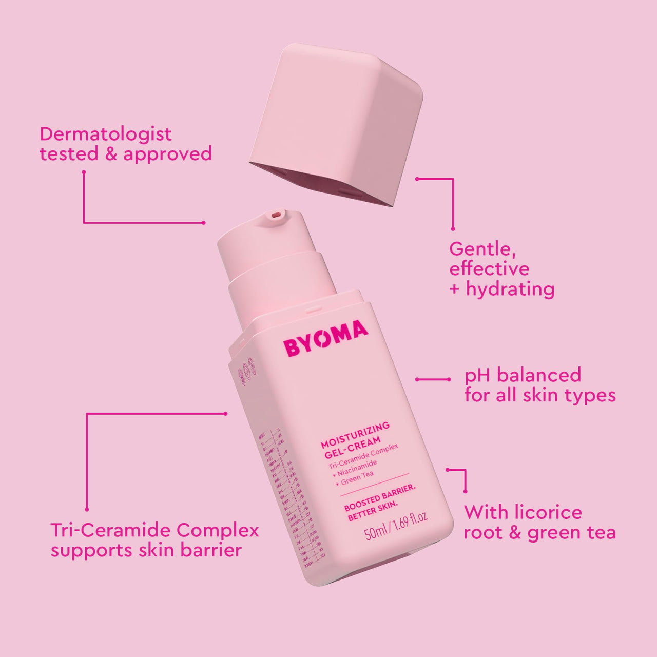 BYOMA Moisturizing Gel Cream - Barrier Repair Cream/Gel Face Lotion with Niacinamide and Green Tea - Ceramide Face Moisturizer for Dry Skin - Alcohol Free, Oil Free Face Moisturizer - 1.69 fl. oz