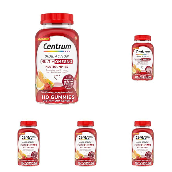 Centrum MultiGummies Multi+ Omega 3 Dual Action, Adult Multivitamin, Multivitamin/Multimineral/Omega 3 Supplement, Strawberry/Lemon/Orange Flavors - 110 Count (Pack of 5)