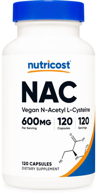 Thumbnail for Nutricost N-Acetyl L-Cysteine (NAC) 600mg, 120 Vegetarian Capsules - Non-GMO, Gluten Free, Vegetarian Caps