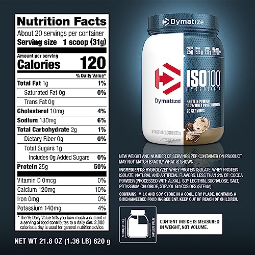 Dymatize ISO100 Whey Protein Powder Isolate, Cookies & Cream, 25g of Protein, 5.5g BCAAs, Less Than 120 Cal., Gluten Free, 1g Fat, 1g Sugar, 2g Carb (20 Servings)