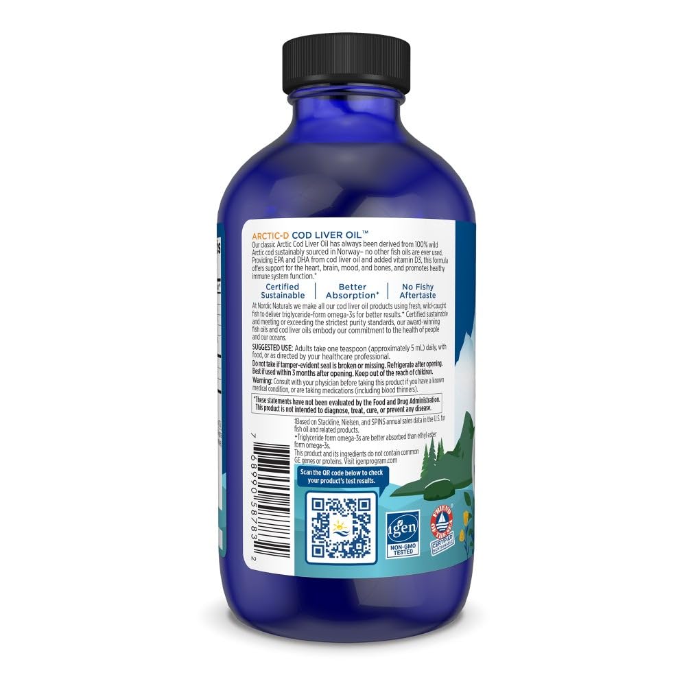 Nordic Naturals Arctic-D Cod Liver Oil, Lemon - 8 oz - 1060 mg Total Omega-3s + 1000 IU Vitamin D3 - EPA & DHA - Heart, Brain, Bone, Immune & Mood Support - Non-GMO - 48 Servings