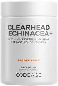 Thumbnail for Codeage Clearhead Echinacea+ Supplement - Echinacea, Schisandra, Feverfew, Coptis, American Ginseng, Astragalus, Garlic, Probiotics, Vitamins C & D3, Zinc, Selenium - Clear Head Vitamin - 90 Capsules