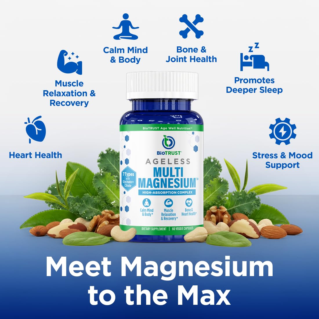 BioTrust Multi Magnesium Complex - High-Absorption 7-in-1 Supplement with Glycinate, Malate, Citrate, Taurate, Sucrosomial & More for Relaxation, Focus, Muscle Support - B6 & L-Theanine, 60 Capsules