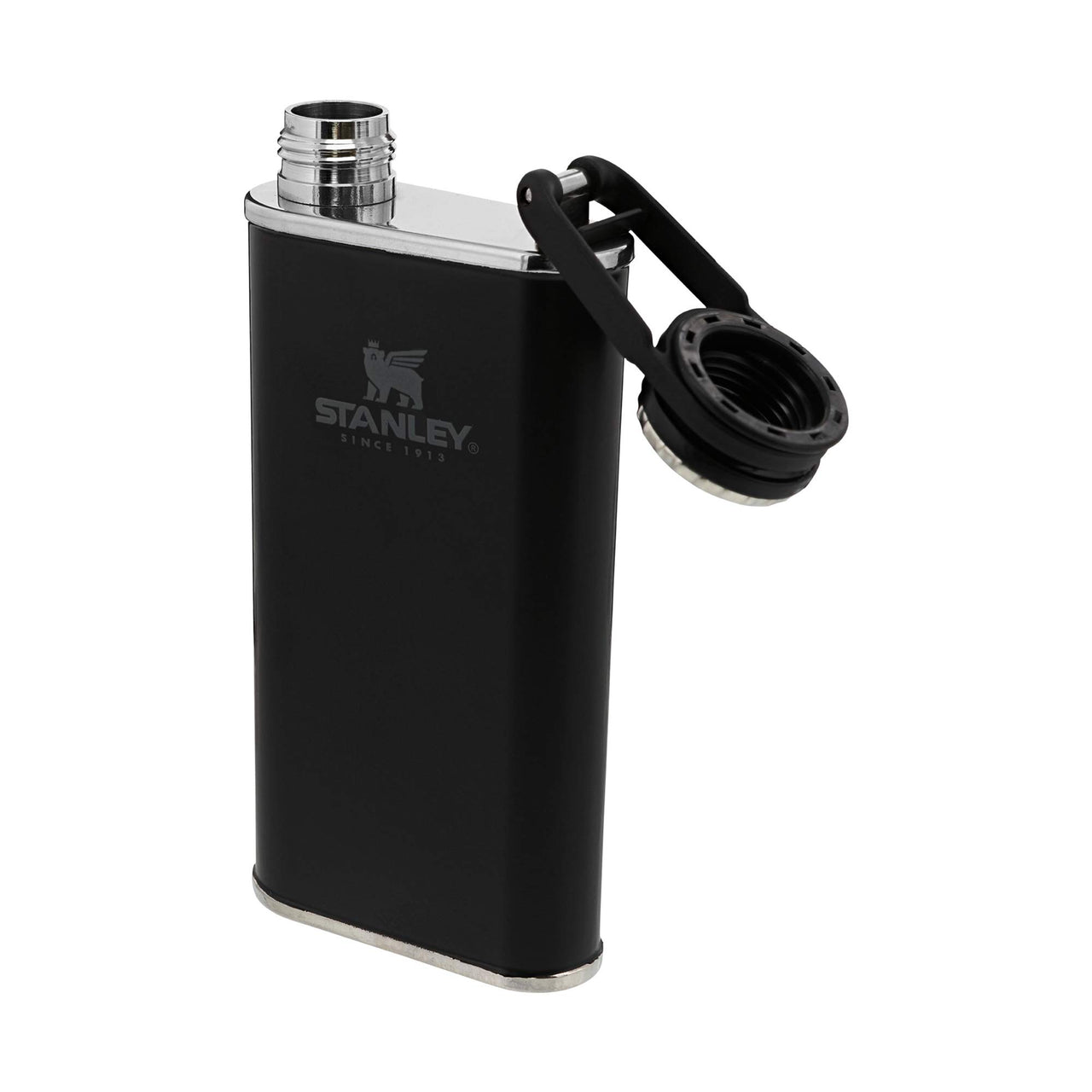 Stanley Classic Easy Fill Wide Mouth Flask 8 oz | Leakproof Hip Flask | Hinge Connected Never Lose Cap | Insulated Stainless Steel Liquor Container | BPA-Free | Matte Black