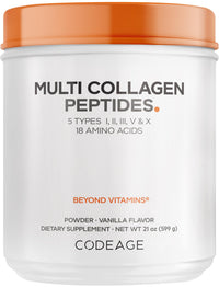 Thumbnail for Codeage Multi Collagen Peptides Powder Vanilla - 5 Types I, II, III, V & X, 18 Amino Acids, Grass-Fed Hydrolyzed Bovine & Bone Broth Collagen Supplement - Vanilla-Flavored, Non-GMO - 21 oz