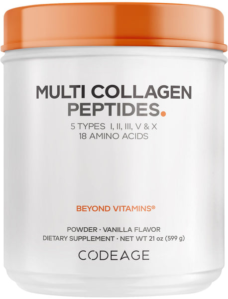 Codeage Multi Collagen Peptides Powder Vanilla - 5 Types I, II, III, V & X, 18 Amino Acids, Grass-Fed Hydrolyzed Bovine & Bone Broth Collagen Supplement - Vanilla-Flavored, Non-GMO - 21 oz