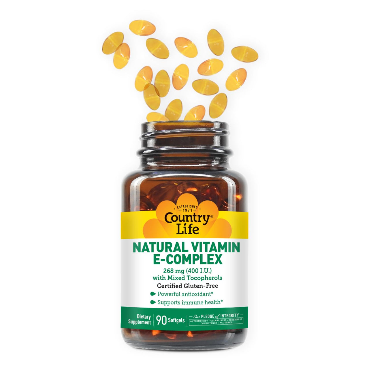 Country Life Vitamin E-Complex 400 IU – Natural Mixed Tocopherols – Antioxidant & Immune Support – Promotes Skin Health & Fights Oxidative Stress – Certified Gluten-Free – 90 Softgels