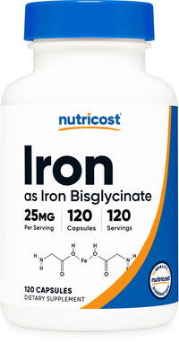 Thumbnail for Nutricost Iron Bisglycinate Supplement (25mg) 120 Capsules - from Ferrous Bisglycinate Chelate - Non-GMO & Gluten-Free