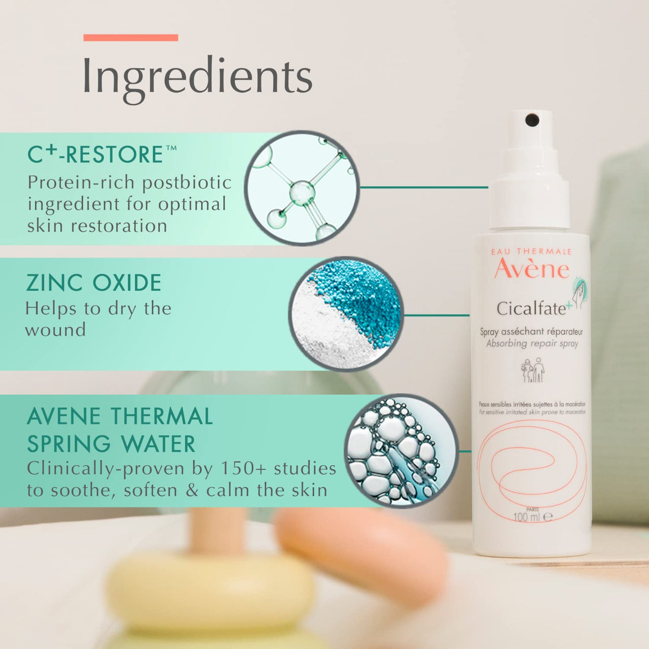 Avène Cicalfate+ Absorbing Soothing Spray to dry and restore irritated, sensitive skin, helps restore skin barrier, safe for infants, children and adults