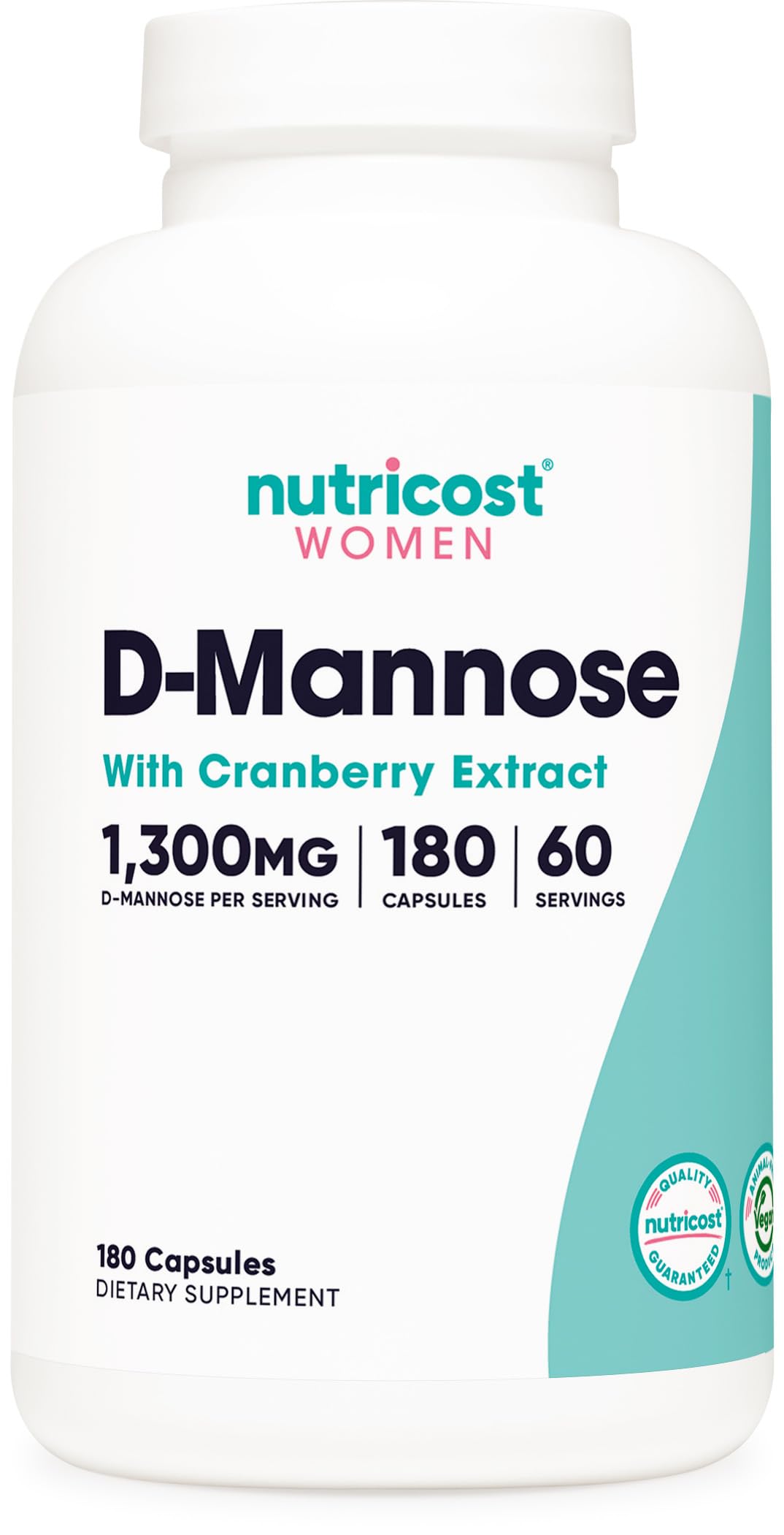 Nutricost D-Mannose 1300mg with Cranberry Extract for Women 25,000mg Equivalent from 500mg of 50:1 Extract Per Serving, 180 Capsules for 60 Servings Per Bottle - Vegan, GMO Free and Gluten Free