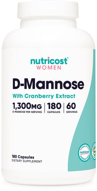 Thumbnail for Nutricost D-Mannose 1300mg with Cranberry Extract for Women 25,000mg Equivalent from 500mg of 50:1 Extract Per Serving, 180 Capsules for 60 Servings Per Bottle - Vegan, GMO Free and Gluten Free