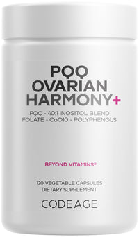Thumbnail for Codeage PQQ Ovarian Harmony+ Supplement - PQQ (Pyrroloquinoline Quinone), Myo-Inositol & D-Chiro-Inositol 40:1 Blend, Folate 5-MTHF, CoQ10, Wild Blueberry - Liposomal Delivery - Non-GMO - 120 Capsules
