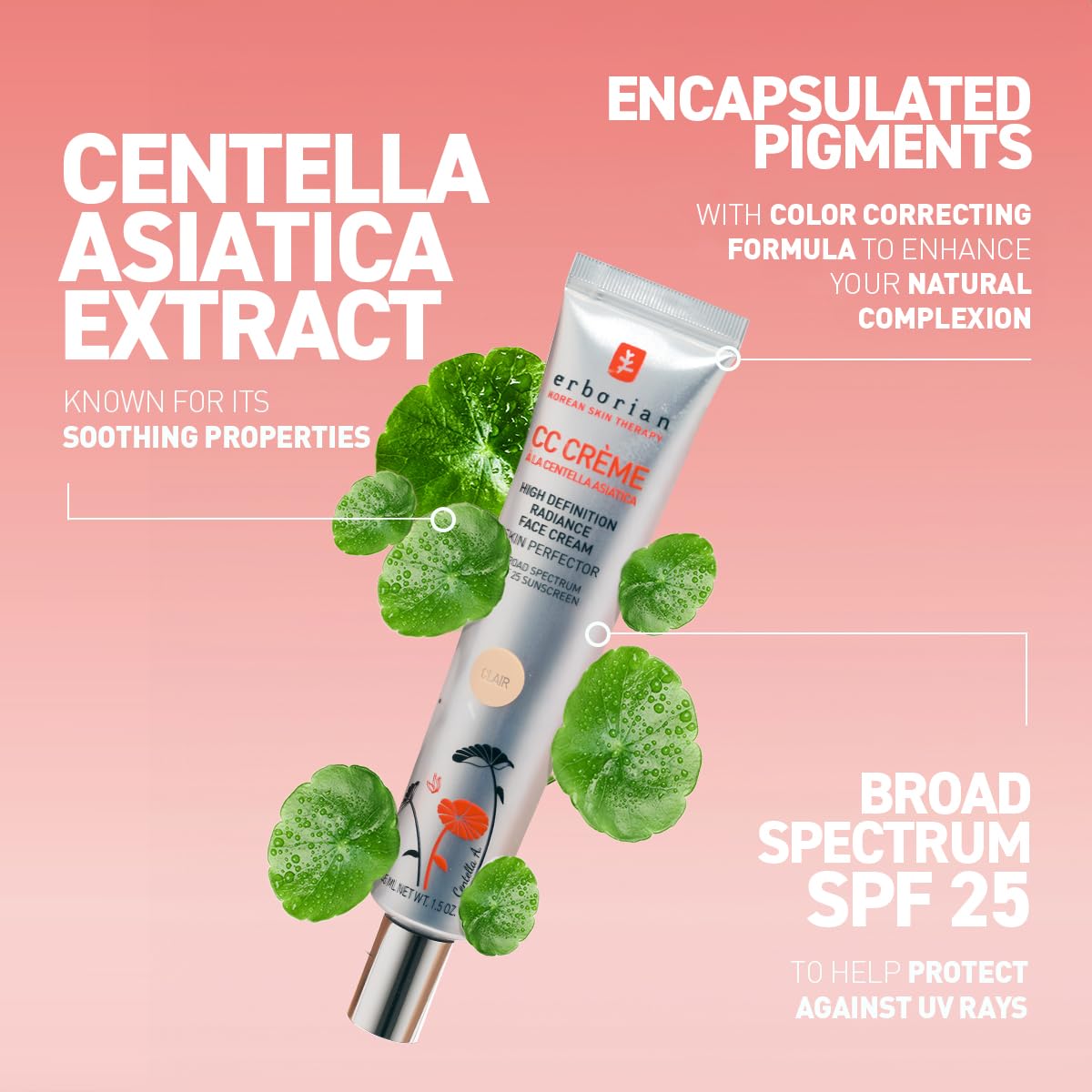 Erborian Color Correcting CC Cream with Centella Asiatica, Tan (Dore) - Light Multi-Purpose Facial Concealer with Illuminating Finish Soothes & Hydrates - SPF Korean Skincare Skin Perfector - 1.5 Oz