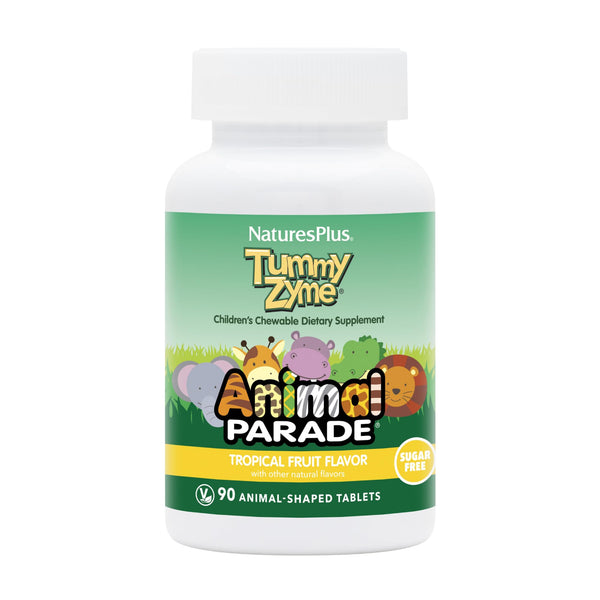 NaturesPlus Animal Parade Tummy Zyme Children’s Chewable, Tropical Fruit Flavor - 90 Animal-Shaped Tablets - Contains Live Probiotics - Vegetarian, Gluten Free, Sugar Free - 90 Servings