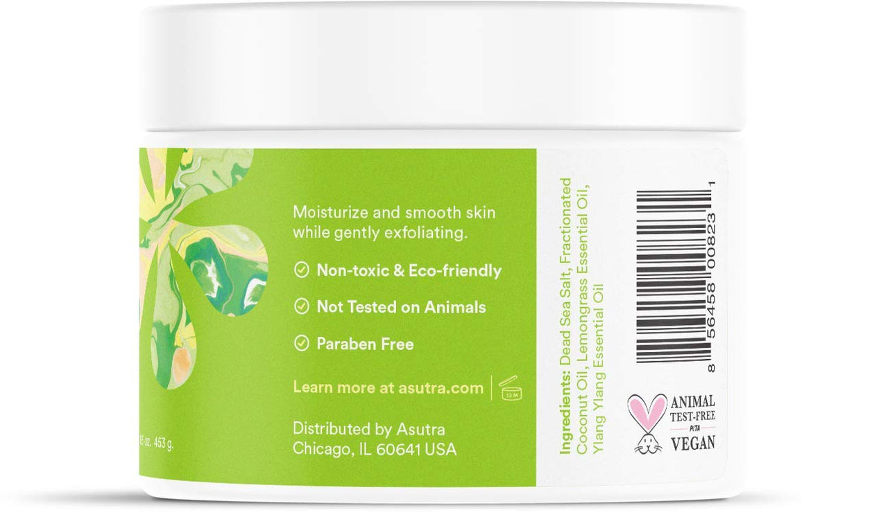 ASUTRA Dead Sea Salt Essential Oil Body Scrub Exfoliator (Uplifting Lemongrass)), 16 oz - Ultra Hydrating, Gentle, & Moisturizing - Coconut, Lemongrass, and Ylang Ylang Oils