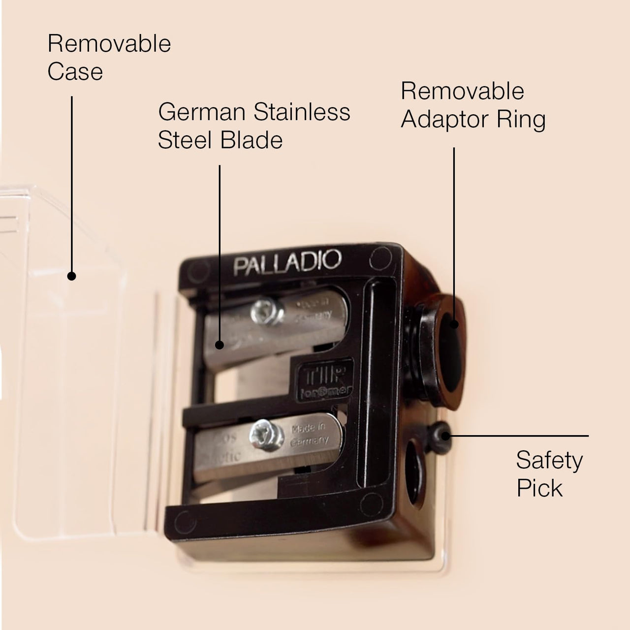 Palladio Double Barrel 3 in 1 Cosmetic Pencil Sharpener with Cover, Stainless Steel Blade, Size Adjuster, Essential for Small and Extra Large Lip Liner, Eyeliner, Brow Pencils