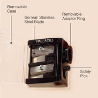 Thumbnail for Palladio Double Barrel 3 in 1 Cosmetic Pencil Sharpener with Cover, Stainless Steel Blade, Size Adjuster, Essential for Small and Extra Large Lip Liner, Eyeliner, Brow Pencils