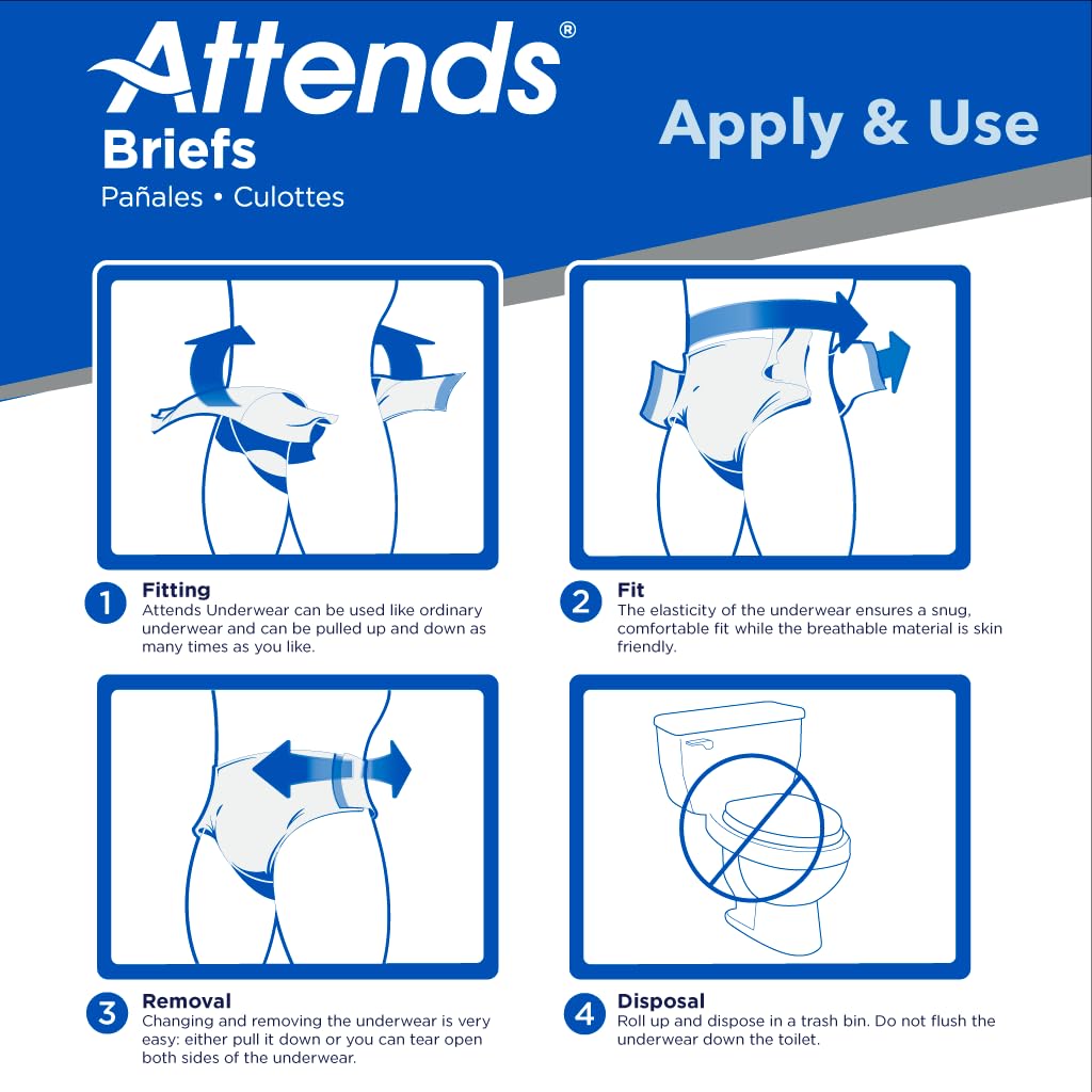 Attends Care Incontinence Disposable Briefs, Medium, 32"-44" Waist Tab Closure, Heavy Absorbency, Premium Softness and Breathable Fabric, 24ct Bag